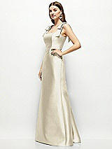 Side View Thumbnail - Champagne Satin Fit and Flare Maxi Dress with Shoulder Bows