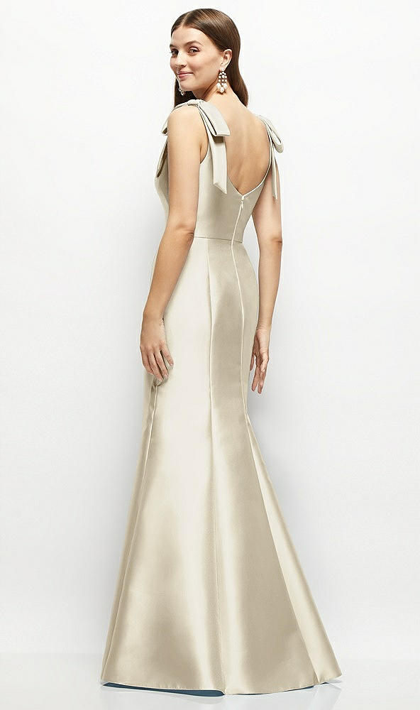 Back View - Champagne Satin Fit and Flare Maxi Dress with Shoulder Bows