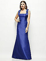 Front View Thumbnail - Cobalt Blue Satin Fit and Flare Maxi Dress with Shoulder Bows