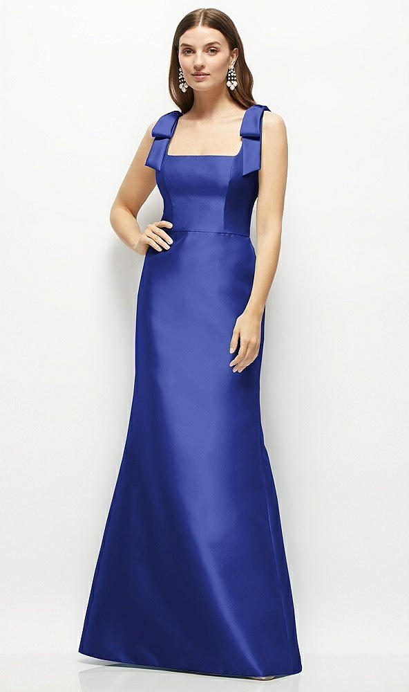 Front View - Cobalt Blue Satin Fit and Flare Maxi Dress with Shoulder Bows