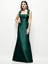 Front View Thumbnail - Evergreen Satin Fit and Flare Maxi Dress with Shoulder Bows
