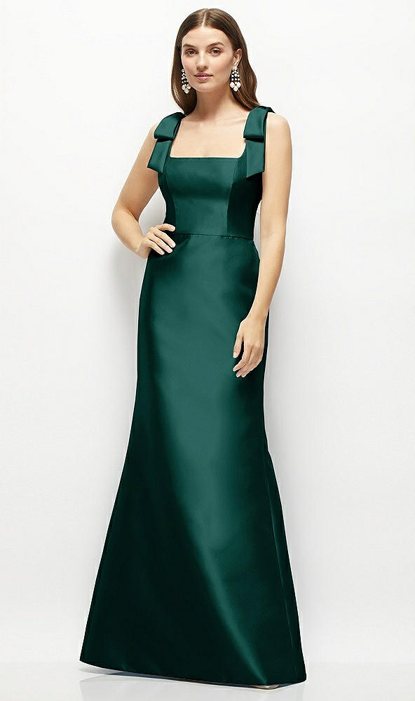 Front View - Evergreen Satin Fit and Flare Maxi Dress with Shoulder Bows