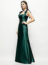 Side View Thumbnail - Evergreen Satin Fit and Flare Maxi Dress with Shoulder Bows
