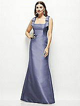 Front View Thumbnail - French Blue Satin Fit and Flare Maxi Dress with Shoulder Bows