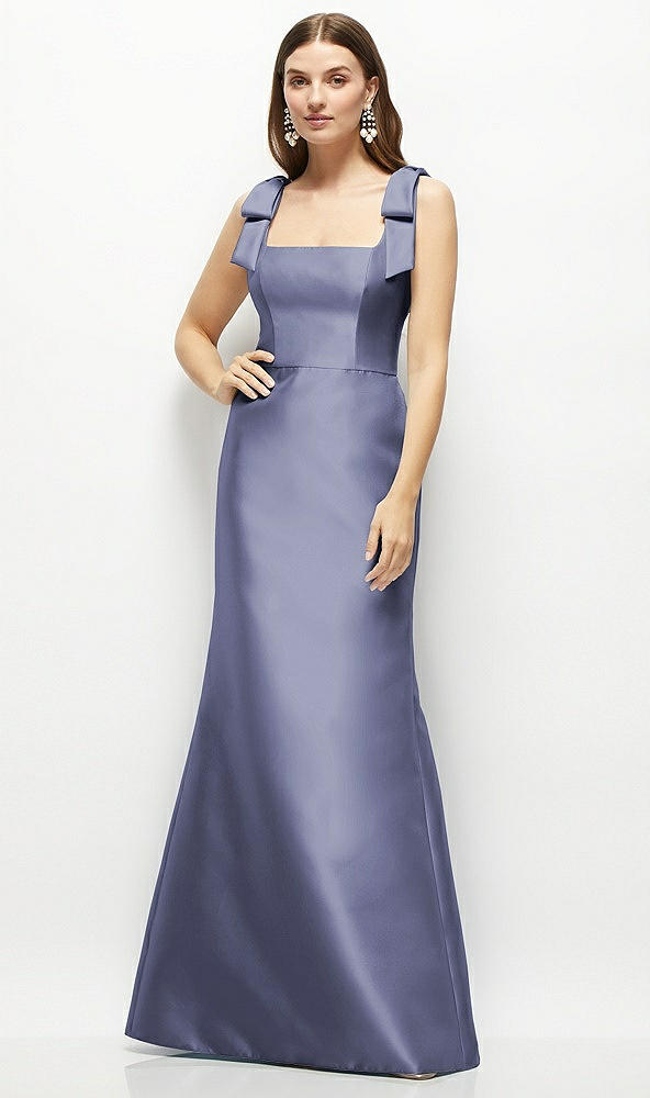 Front View - French Blue Satin Fit and Flare Maxi Dress with Shoulder Bows