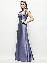 Side View Thumbnail - French Blue Satin Fit and Flare Maxi Dress with Shoulder Bows
