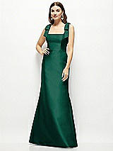 Front View Thumbnail - Hunter Green Satin Fit and Flare Maxi Dress with Shoulder Bows