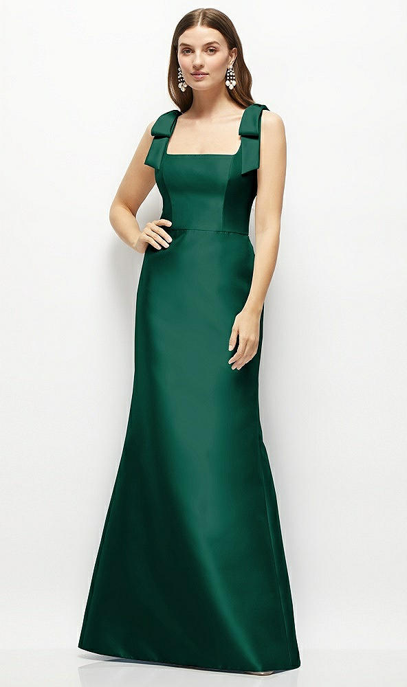Front View - Hunter Green Satin Fit and Flare Maxi Dress with Shoulder Bows