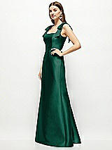 Side View Thumbnail - Hunter Green Satin Fit and Flare Maxi Dress with Shoulder Bows