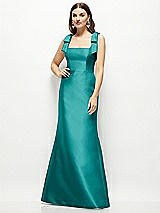 Front View Thumbnail - Jade Satin Fit and Flare Maxi Dress with Shoulder Bows