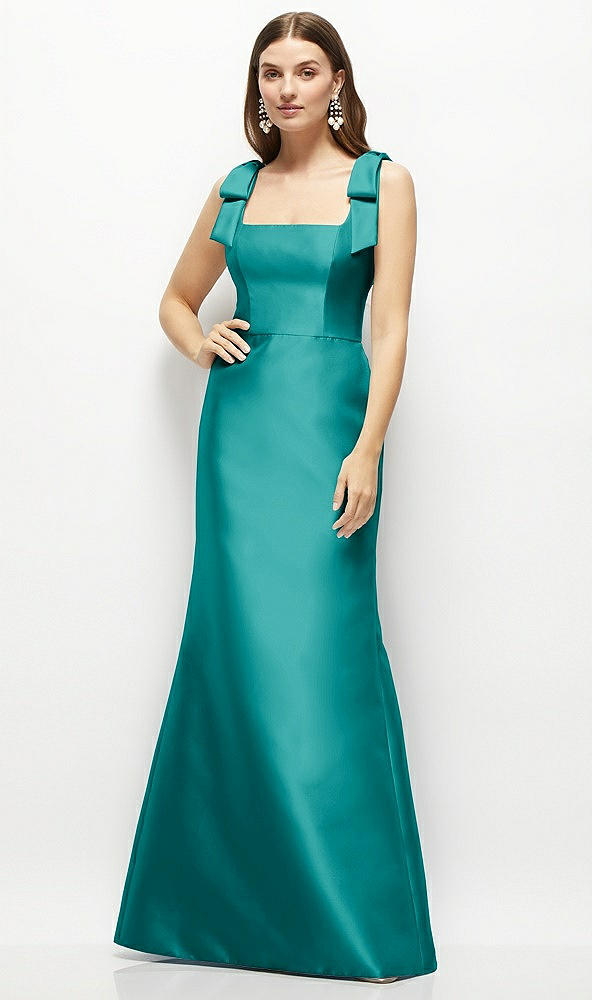 Front View - Jade Satin Fit and Flare Maxi Dress with Shoulder Bows