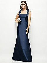 Front View Thumbnail - Midnight Navy Satin Fit and Flare Maxi Dress with Shoulder Bows
