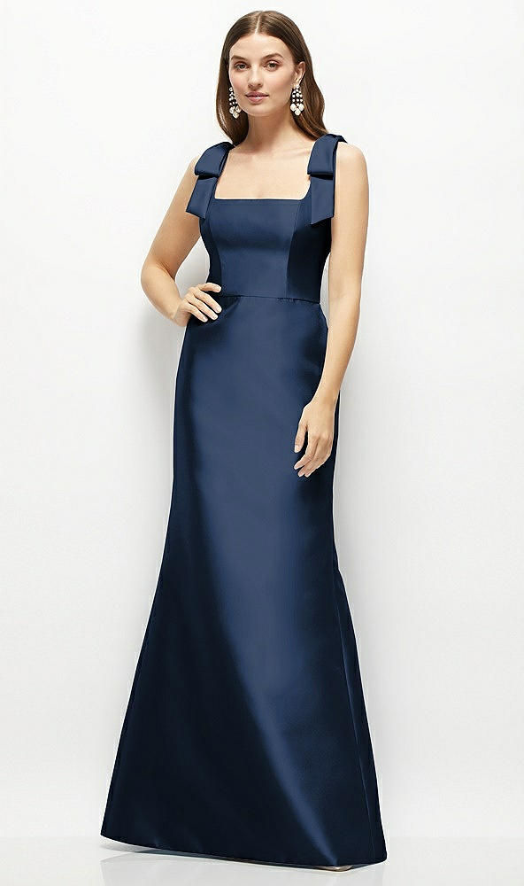 Front View - Midnight Navy Satin Fit and Flare Maxi Dress with Shoulder Bows