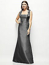 Front View Thumbnail - Pewter Satin Fit and Flare Maxi Dress with Shoulder Bows