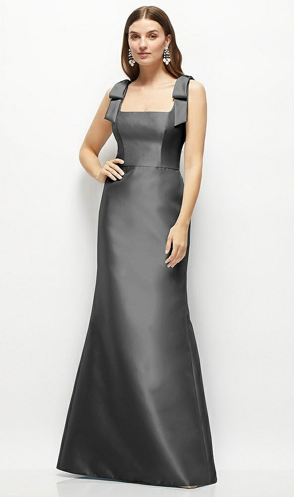 Front View - Pewter Satin Fit and Flare Maxi Dress with Shoulder Bows
