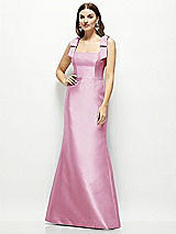 Front View Thumbnail - Powder Pink Satin Fit and Flare Maxi Dress with Shoulder Bows