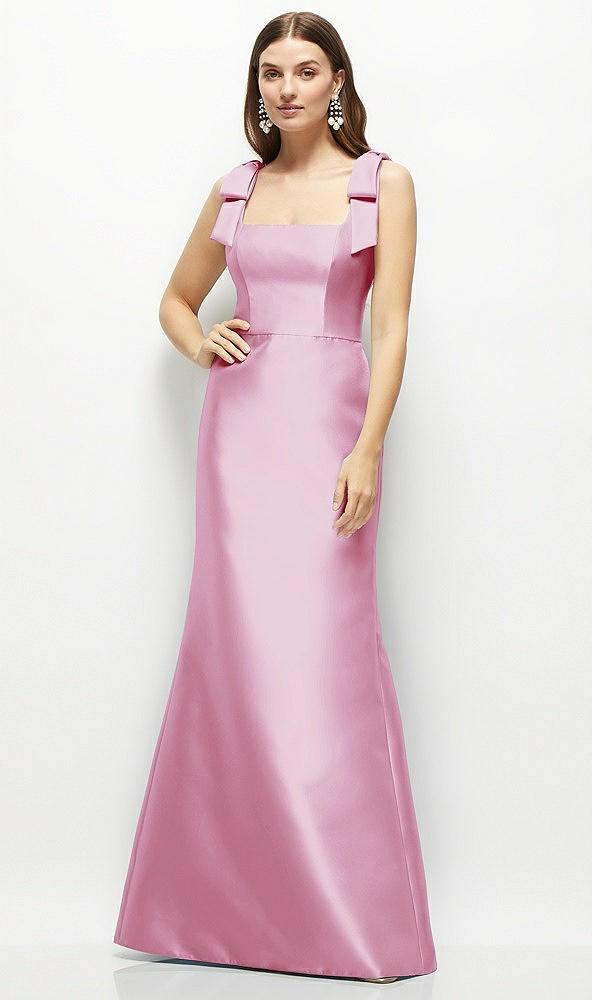 Front View - Powder Pink Satin Fit and Flare Maxi Dress with Shoulder Bows