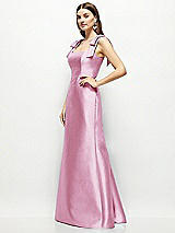 Side View Thumbnail - Powder Pink Satin Fit and Flare Maxi Dress with Shoulder Bows