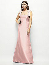 Front View Thumbnail - Rose - PANTONE Rose Quartz Satin Fit and Flare Maxi Dress with Shoulder Bows