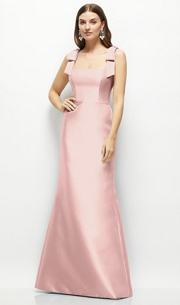 Front View - Rose - PANTONE Rose Quartz Satin Fit and Flare Maxi Dress with Shoulder Bows