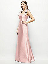 Side View Thumbnail - Rose - PANTONE Rose Quartz Satin Fit and Flare Maxi Dress with Shoulder Bows