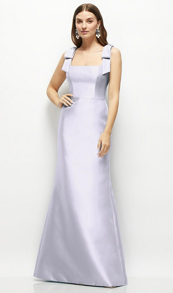 Front View - Silver Dove Satin Fit and Flare Maxi Dress with Shoulder Bows