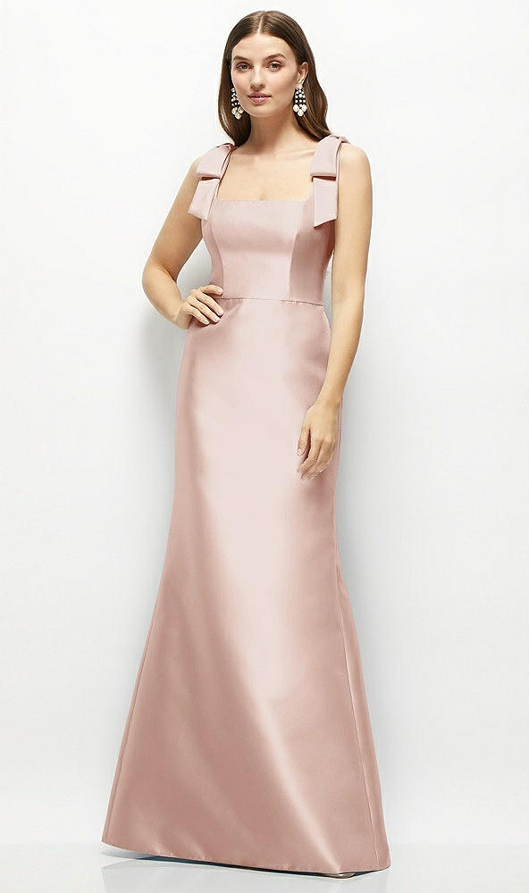Front View - Toasted Sugar Satin Fit and Flare Maxi Dress with Shoulder Bows