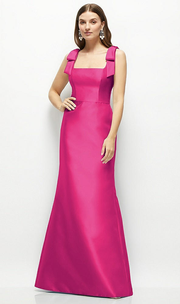 Front View - Think Pink Satin Fit and Flare Maxi Dress with Shoulder Bows
