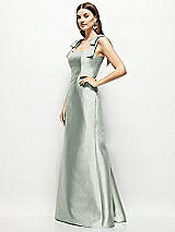 Side View Thumbnail - Willow Green Satin Fit and Flare Maxi Dress with Shoulder Bows