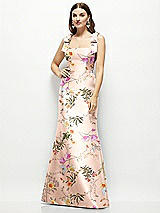 Front View Thumbnail - Butterfly Botanica Pink Sand Floral Satin Fit and Flare Maxi Dress with Shoulder Bows