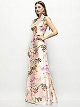 Side View Thumbnail - Butterfly Botanica Pink Sand Floral Satin Fit and Flare Maxi Dress with Shoulder Bows
