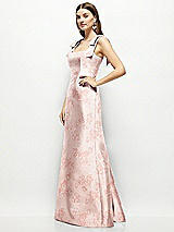 Side View Thumbnail - Bow And Blossom Print Floral Satin Fit and Flare Maxi Dress with Shoulder Bows
