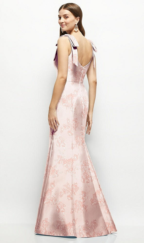 Back View - Bow And Blossom Print Floral Satin Fit and Flare Maxi Dress with Shoulder Bows