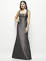 Front View Thumbnail - Caviar Gray Satin Square Neck Fit and Flare Maxi Dress
