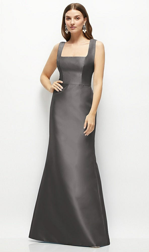 Front View - Caviar Gray Satin Square Neck Fit and Flare Maxi Dress