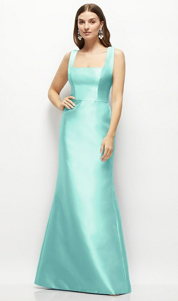 Front View - Coastal Satin Square Neck Fit and Flare Maxi Dress