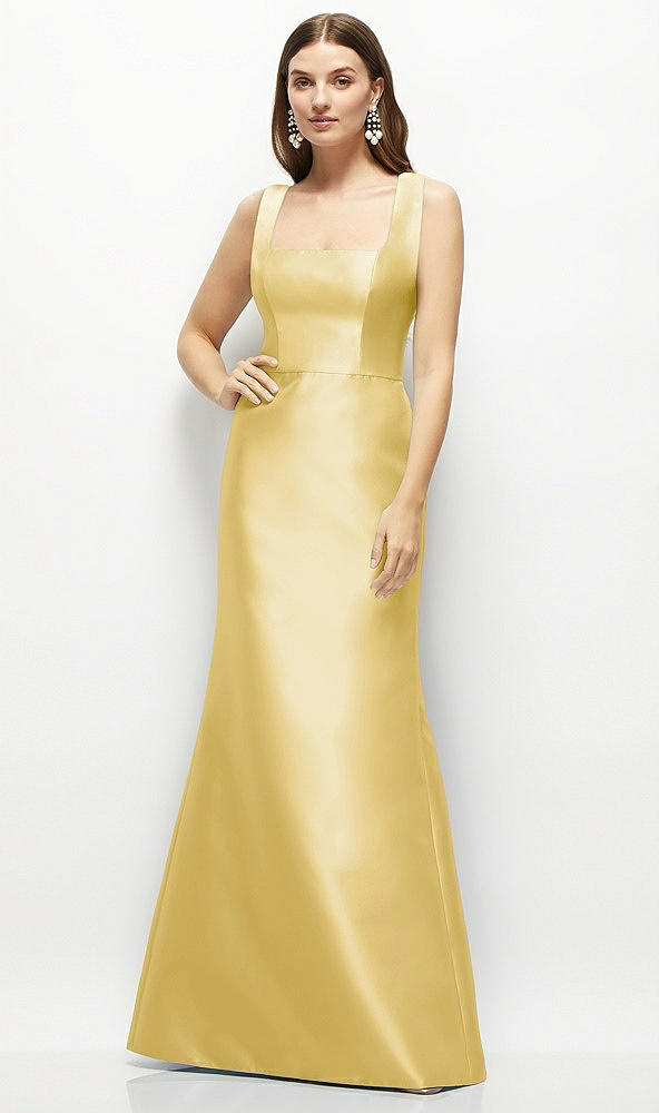 Front View - Maize Satin Square Neck Fit and Flare Maxi Dress