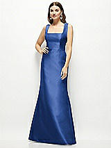 Front View Thumbnail - Classic Blue Satin Square Neck Fit and Flare Maxi Dress