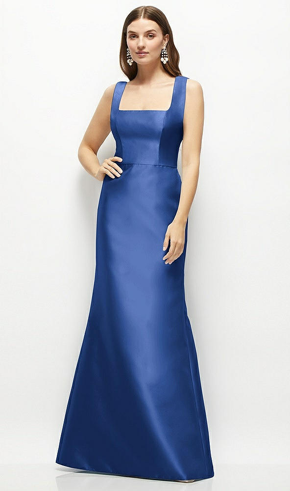 Front View - Classic Blue Satin Square Neck Fit and Flare Maxi Dress