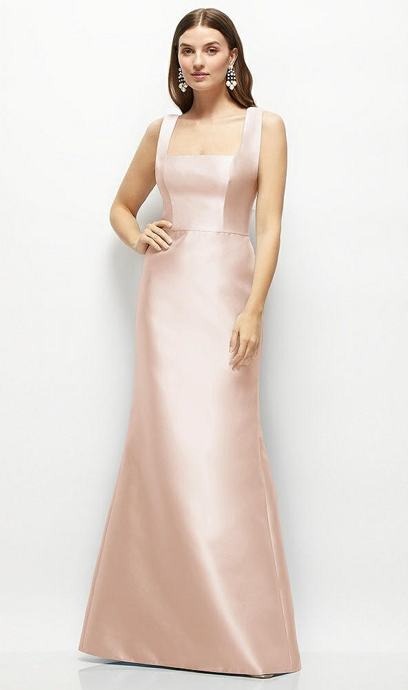 Front View - Cameo Satin Square Neck Fit and Flare Maxi Dress