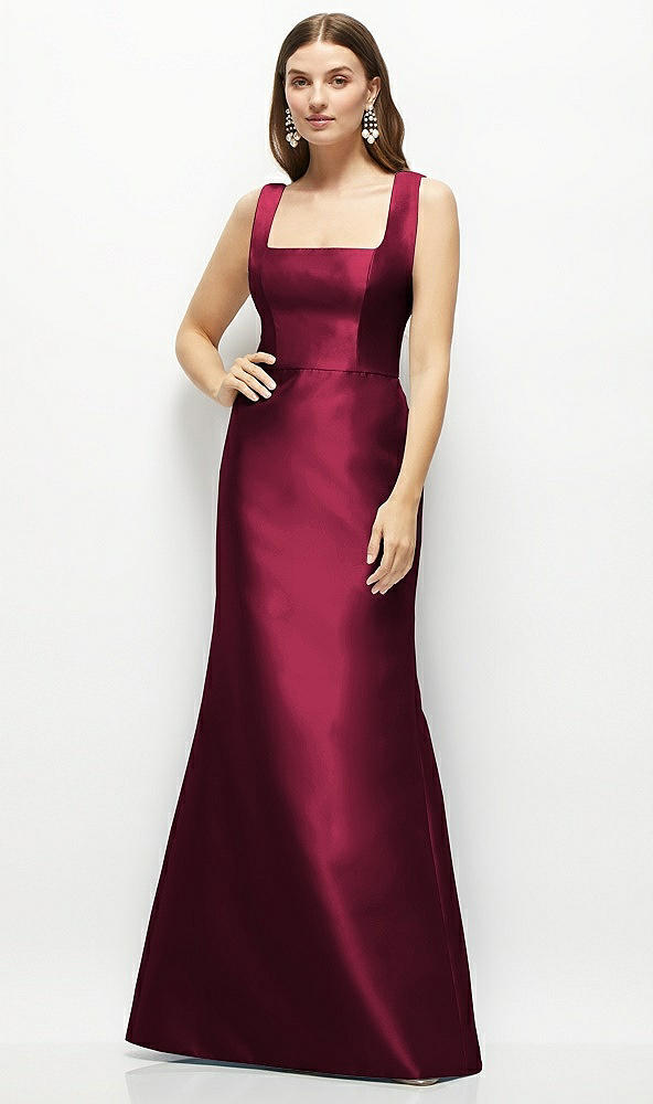 Front View - Cabernet Satin Square Neck Fit and Flare Maxi Dress