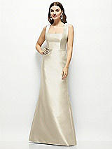 Front View Thumbnail - Champagne Satin Square Neck Fit and Flare Maxi Dress