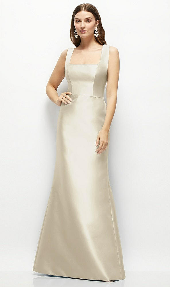Front View - Champagne Satin Square Neck Fit and Flare Maxi Dress