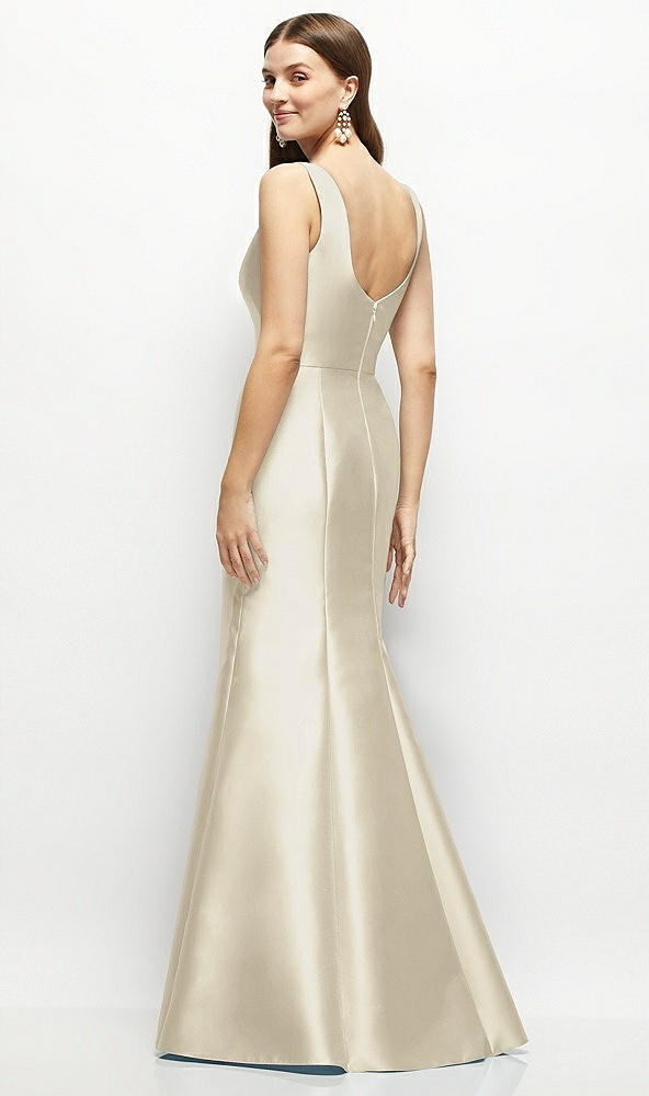 Back View - Champagne Satin Square Neck Fit and Flare Maxi Dress