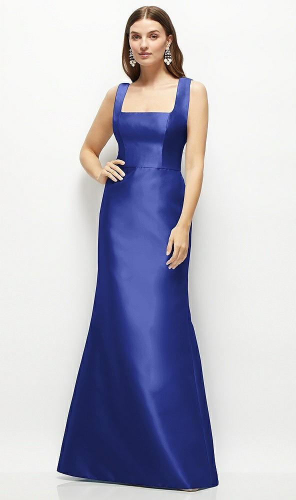 Front View - Cobalt Blue Satin Square Neck Fit and Flare Maxi Dress