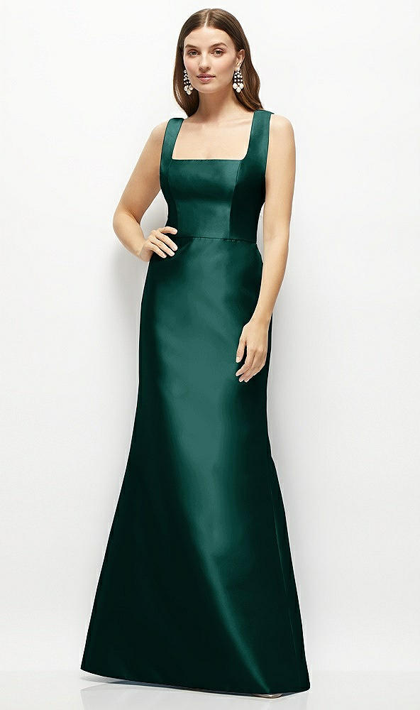 Front View - Evergreen Satin Square Neck Fit and Flare Maxi Dress