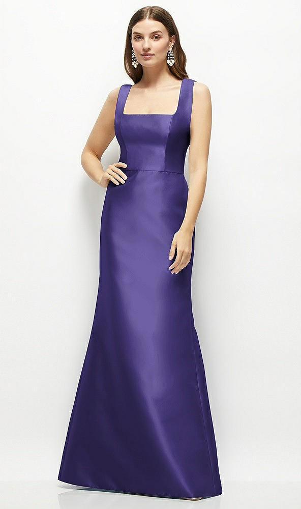 Front View - Grape Satin Square Neck Fit and Flare Maxi Dress