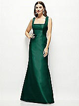 Front View Thumbnail - Hunter Green Satin Square Neck Fit and Flare Maxi Dress