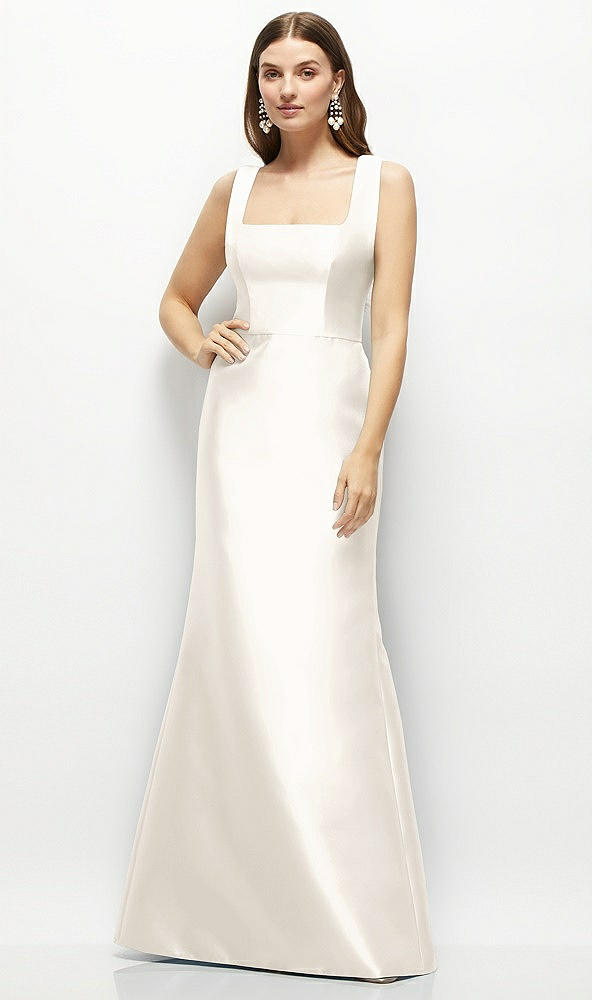 Front View - Ivory Satin Square Neck Fit and Flare Maxi Dress
