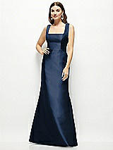 Front View Thumbnail - Midnight Navy Satin Square Neck Fit and Flare Maxi Dress